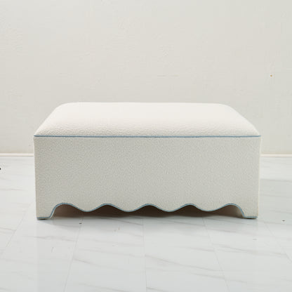 Scalloped Ottoman / Coffee table in White Boucle Fabric - Sky Blue Trim