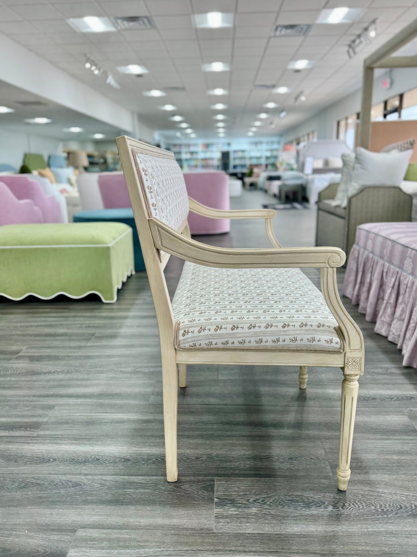 Italian Carved Upholstered Bench in Schumacher Fabric