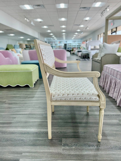 Italian Carved Upholstered Bench in Schumacher Fabric