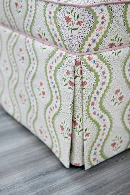 76"L Custom Scalloped Banquette in Natural Luxury Linen - Modern Upholstered Dining Banquette with Pleated Skirt