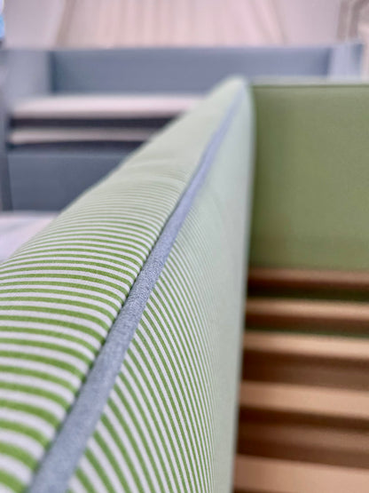 The Addison Twin Trundle Daybed - Striped Green Fabric - Sky Blue Trim