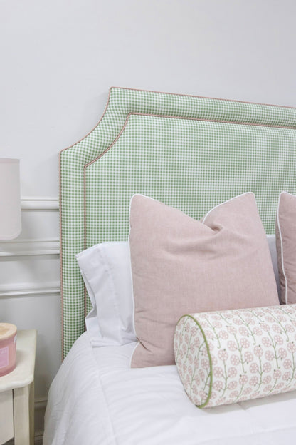 65”H Queen Platform Upholstered Bed - Sage Green Gingham Fabric with Blush Pink Trim