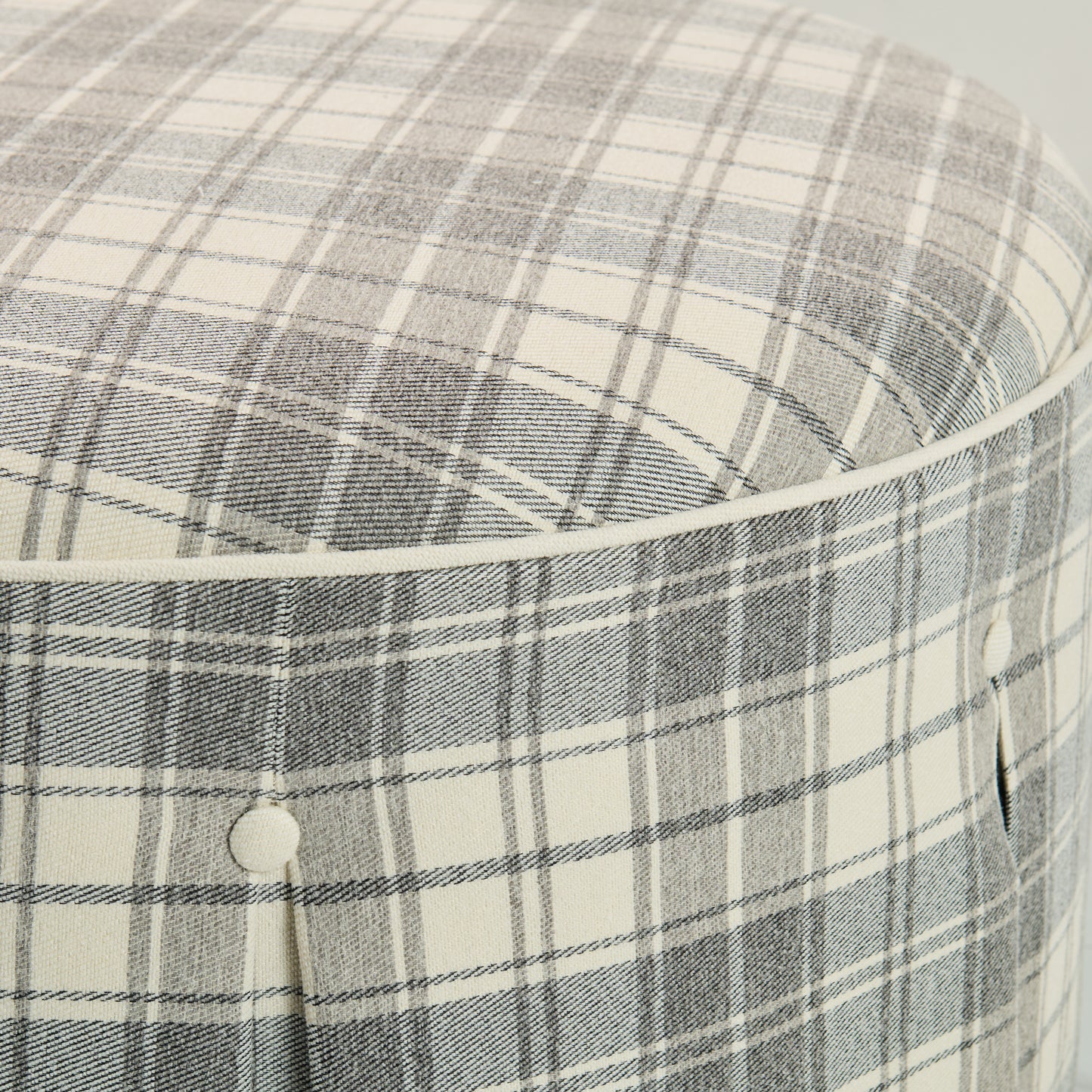 32" Round Skirted Ottoman in Gray Plaid Upholstery Fabric