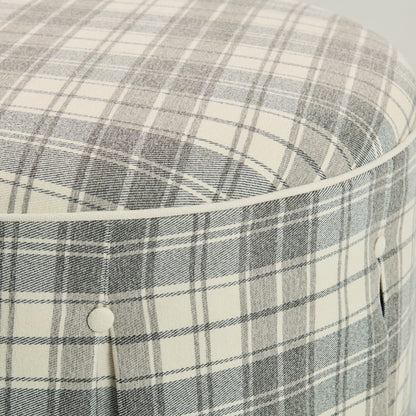32" Round Skirted Ottoman in Gray Plaid Upholstery Fabric