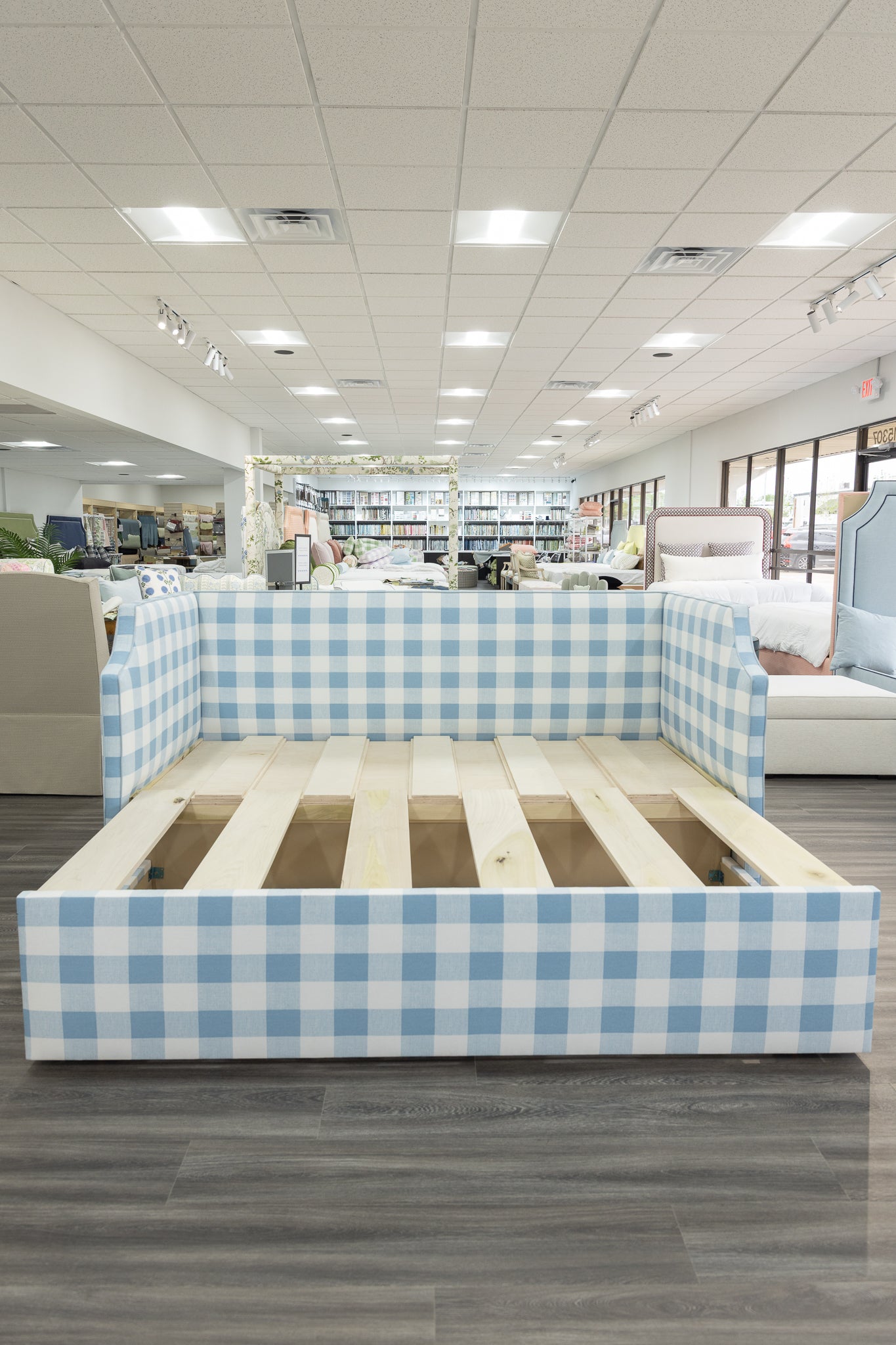 The Addison Twin to King Trundle Daybed - Buffalo Blue Fabric - Sky Blue Trim