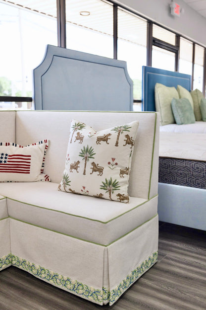 Custom Upholstered Skirted Banquette – Crypton Off-White Fabric, Pistachio Green Trim