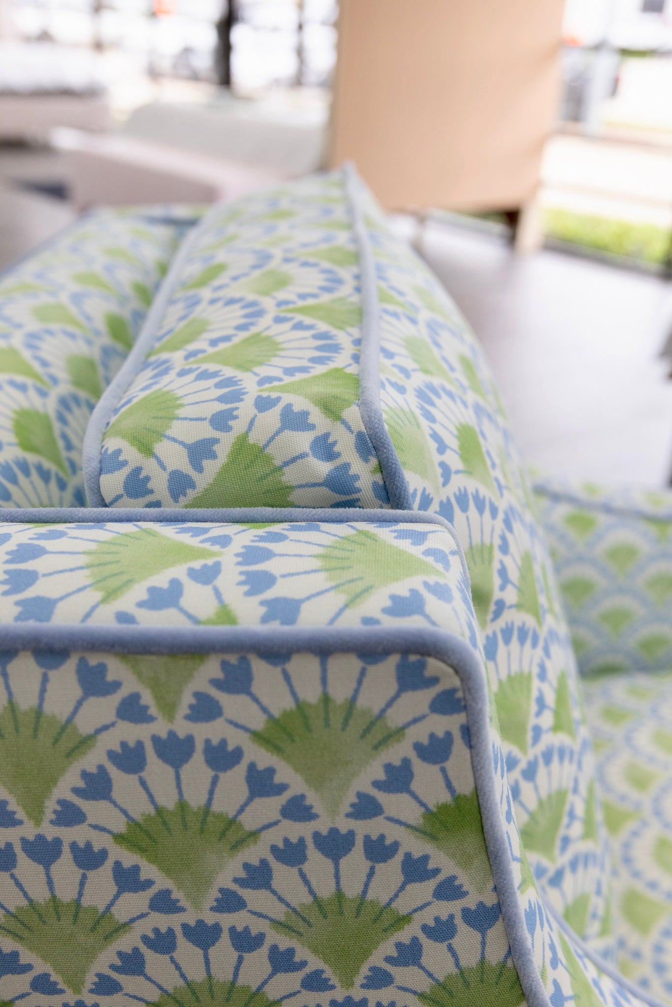 Custom Swivel Glider Chair – Floral Green / Blue Fabric with Blue Trim
