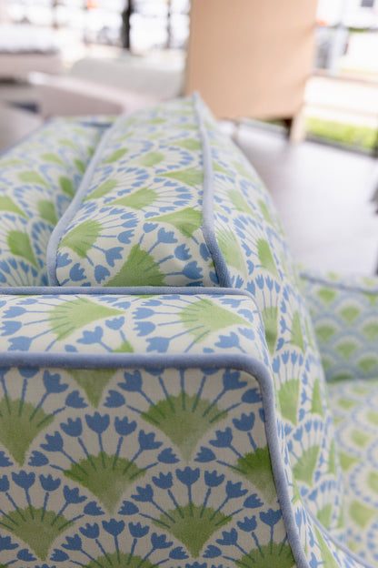 Custom Swivel Glider Chair – Floral Green / Blue Fabric with Blue Trim