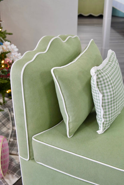 Custom Scalloped Upholstered Chair – Green with White Piping