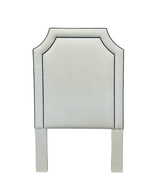 65"H Twin Headboard in Classic Blue Ticking Stripe Fabric - Navy Trim
