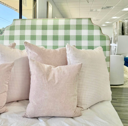 65”H Queen Platform Bed in our Buffalo Green with Pink Trim — In-stock now.