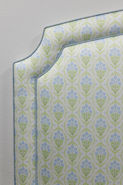 The Aliana Queen Headboard - Blue and Green Satin Fabric - Blue Trim