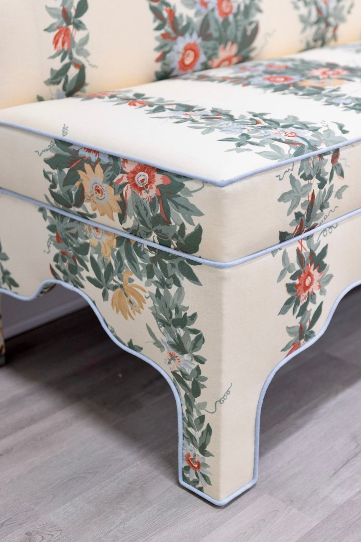 The Helena Banquette – Malmaison Jardin - Sky Blue Piping