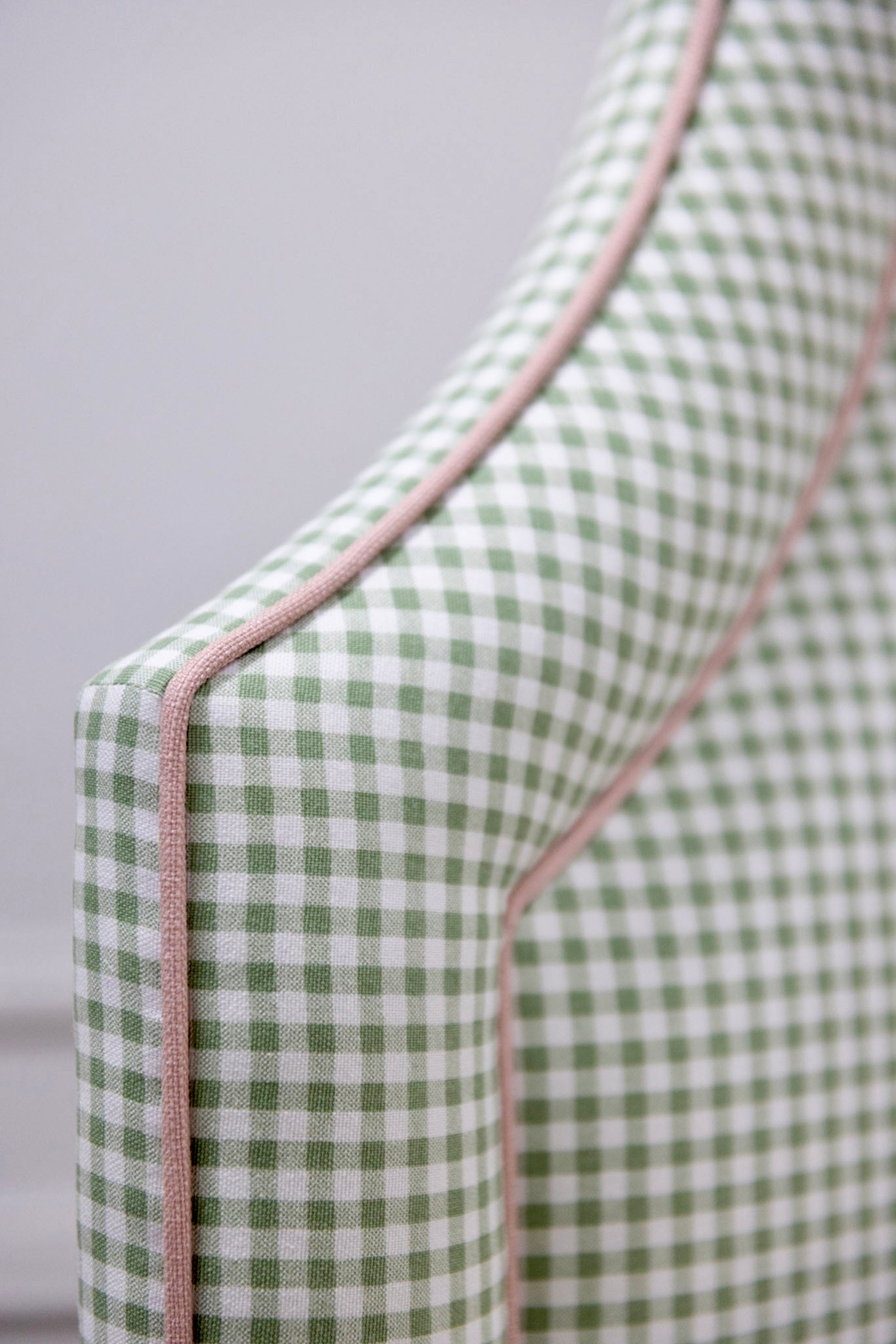 65”H Queen Platform Upholstered Bed - Sage Green Gingham Fabric with Blush Pink Trim
