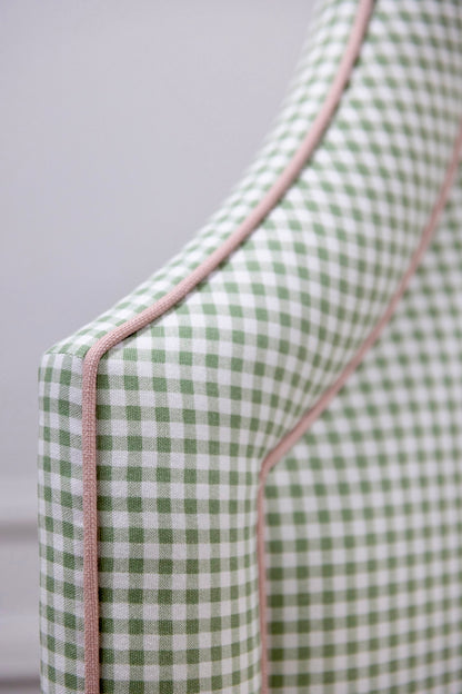 65”H Queen Platform Upholstered Bed - Sage Green Gingham Fabric with Blush Pink Trim