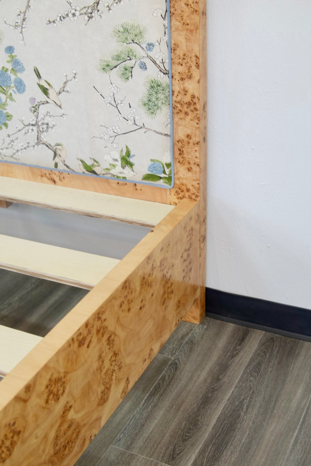 65"H Mappa Burlwood King Bed - Upholstered in Katsura Thibaut Fabric - Blue Trim