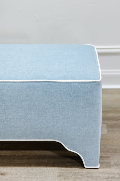 Custom Upholstered Bench in Sky Blue Woven Fabric