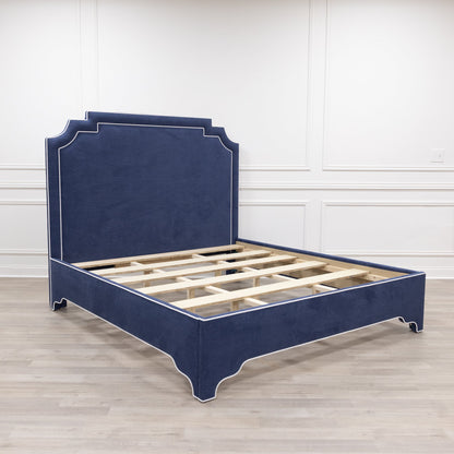 The Martha King Bed - Upholstered Legs - Navy Blue Woven Fabric - White Trim