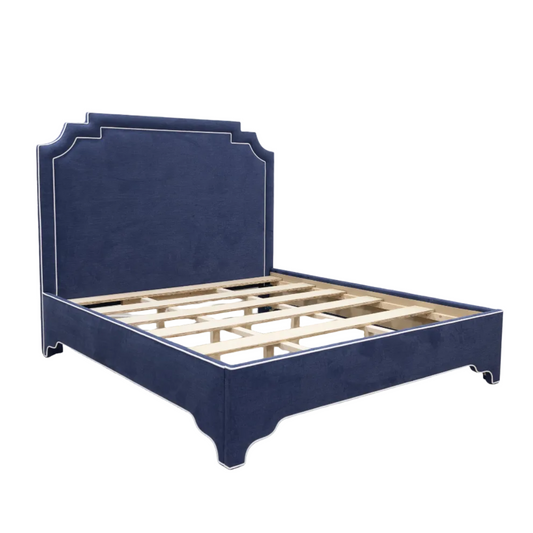 65"H Martha King Platform Bed - Upholstered Legs - Navy Blue Woven Fabric - White Trim