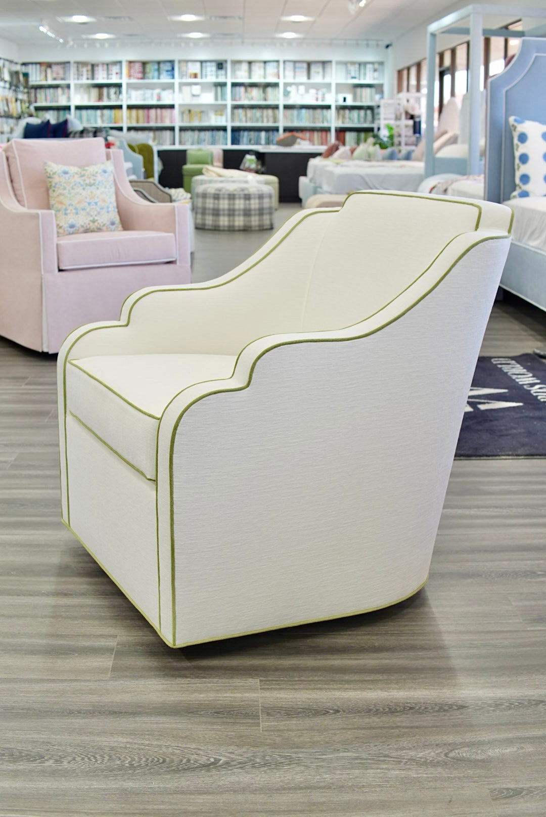 Custom Scalloped Swivel Chair: White Performance Fabric - Pistachio Green Trim