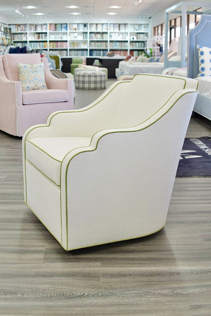 Custom Scalloped Swivel Chair: White Performance Fabric - Pistachio Green Trim