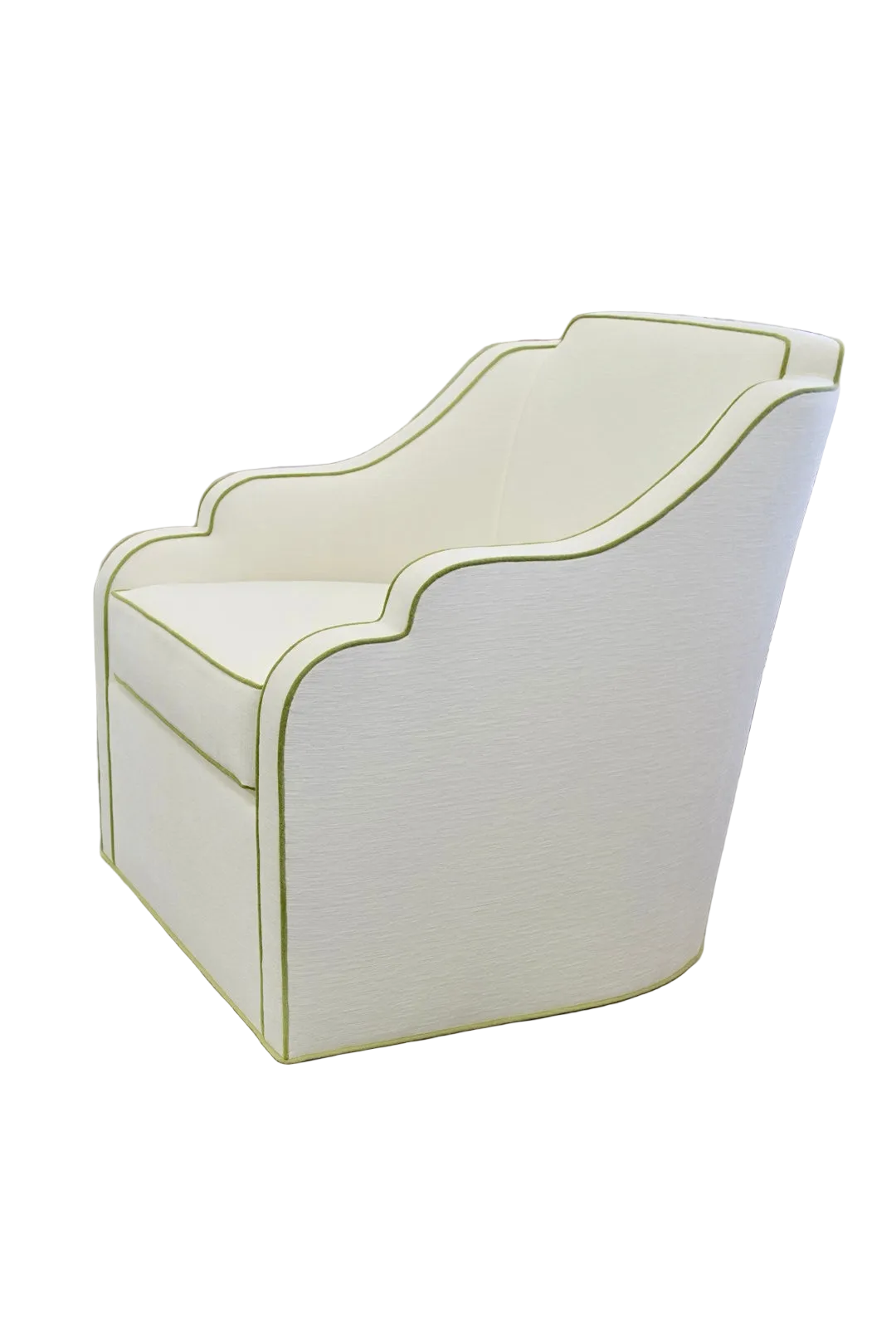 Custom Scalloped Swivel Chair: White Performance Fabric - Pistachio Green Trim