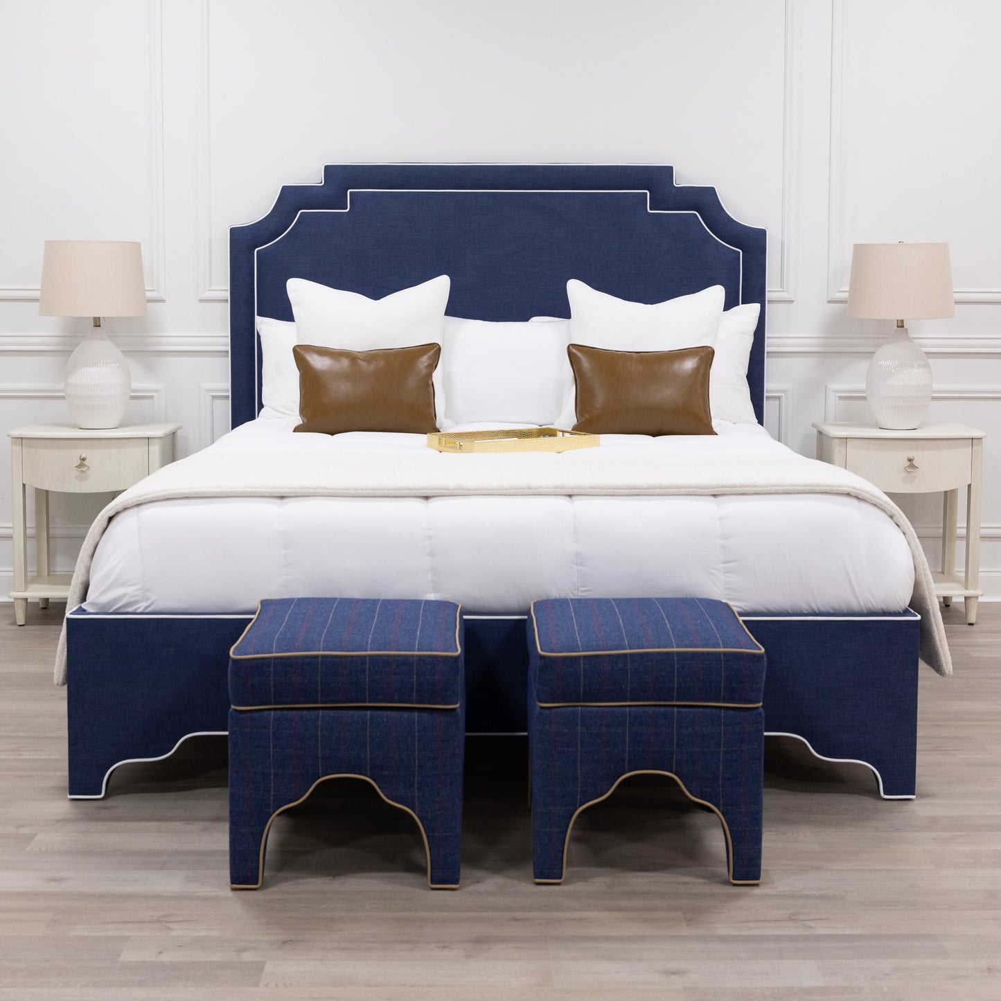 The Martha King Bed - Upholstered Legs - Navy Blue Woven Fabric - White Trim