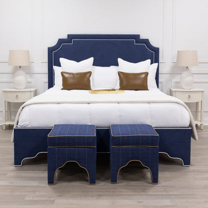 The Martha King Bed - Upholstered Legs - Navy Blue Woven Fabric - White Trim