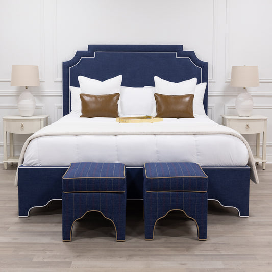 65"H Martha King Platform Bed - Upholstered Legs - Navy Blue Woven Fabric - White Trim