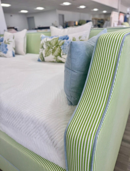 The Addison Twin Trundle Daybed - Striped Green Fabric - Sky Blue Trim