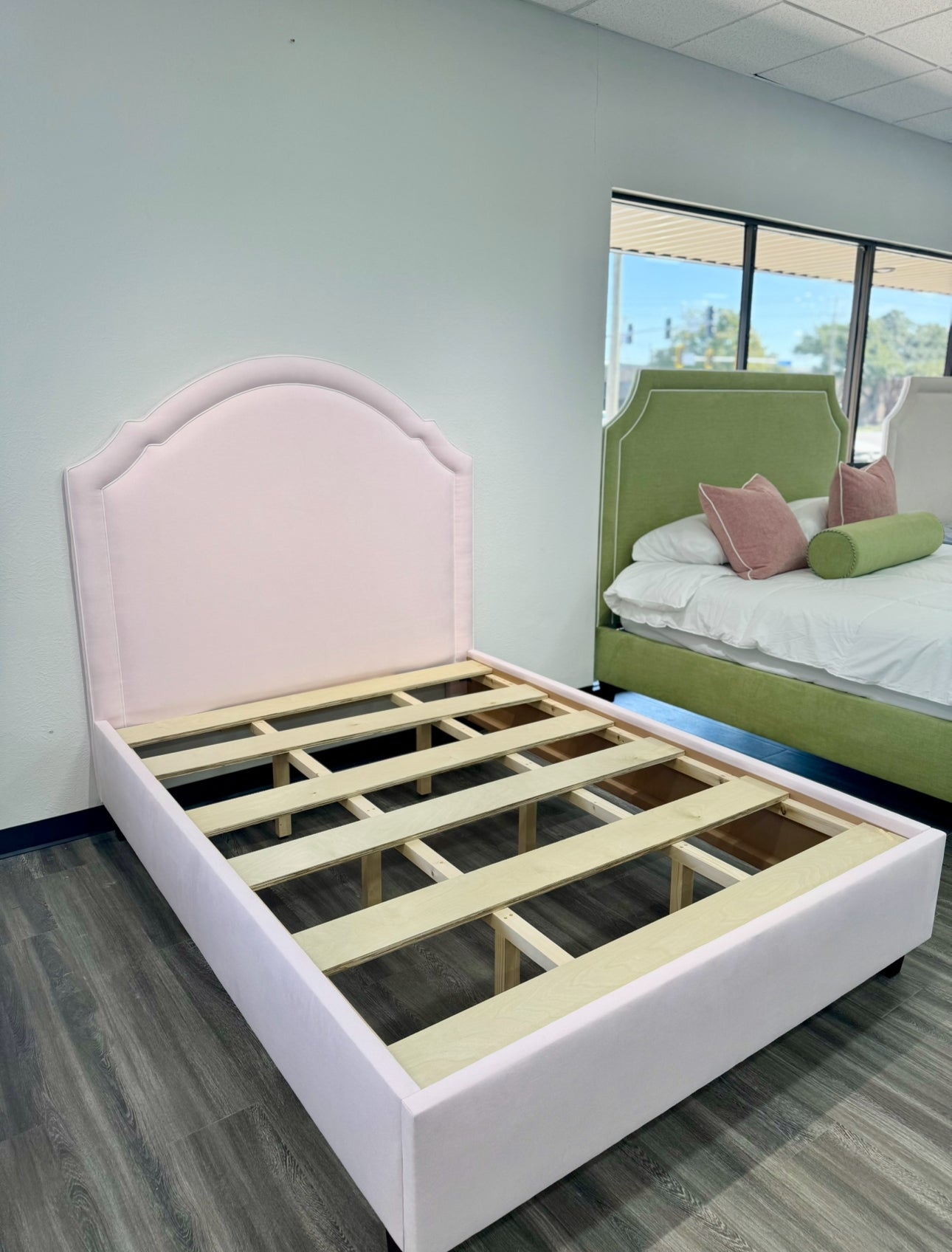 60”H Queen Upholstered Platform Bed - Scalloped Base - Powder Pink Woven Fabric with White Pink