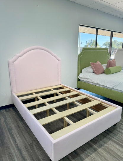 60”H Queen Upholstered Platform Bed - Scalloped Base - Powder Pink Woven Fabric with White Pink