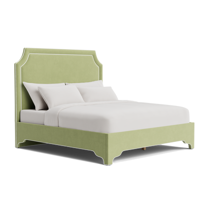 The Addison King Bed - Scalloped Legs - Pistachio Green Woven Fabric - White Trim