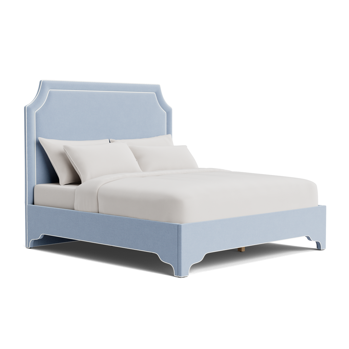 The Addison King Bed  - Scalloped Legs - Ashley Blue Performance Chenille Fabric - White Trim