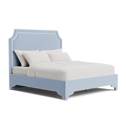 The Addison King Bed  - Scalloped Legs - Ashley Blue Performance Chenille Fabric - White Trim