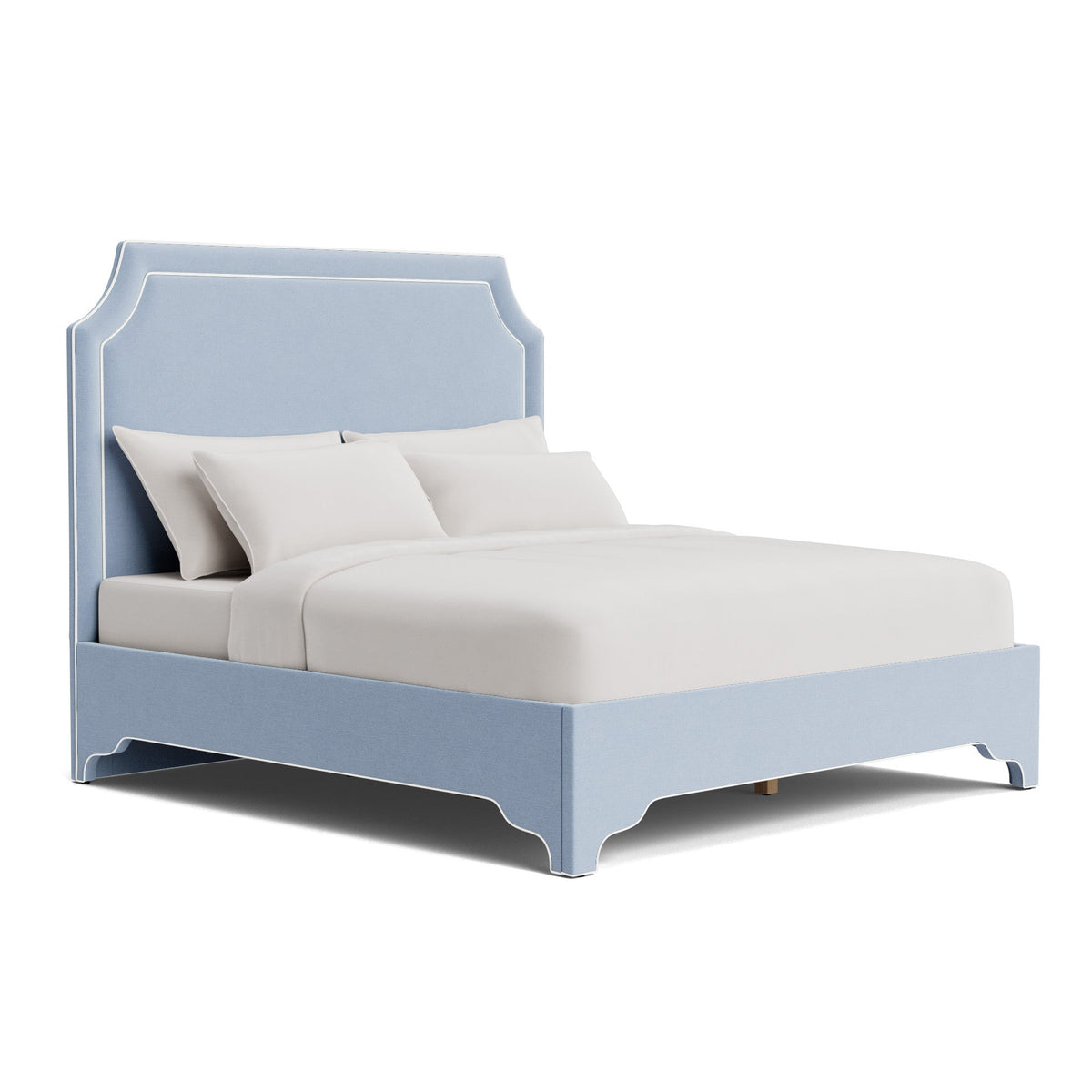 The Addison King Platform Bed - Scalloped Legs - Performance Ashley Blue Chenille Fabric - White Trim