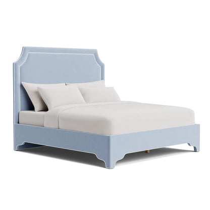 The Addison King Platform Bed - Scalloped Legs - Performance Ashley Blue Chenille Fabric - White Trim