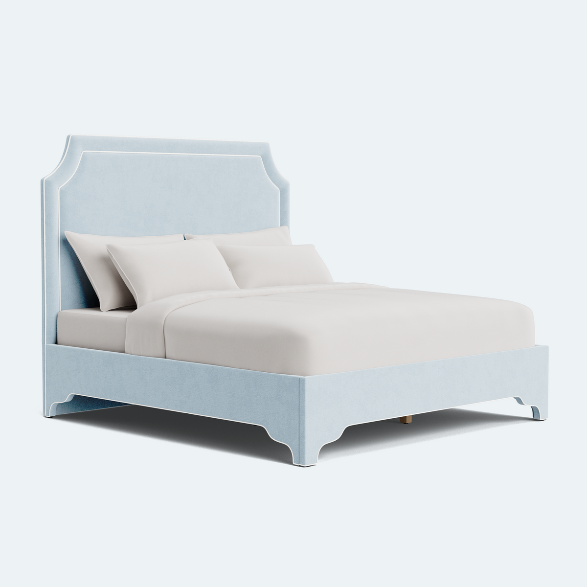 The Addison King Platform Bed - Scalloped Legs - Sky Blue Woven Fabric with White Trim