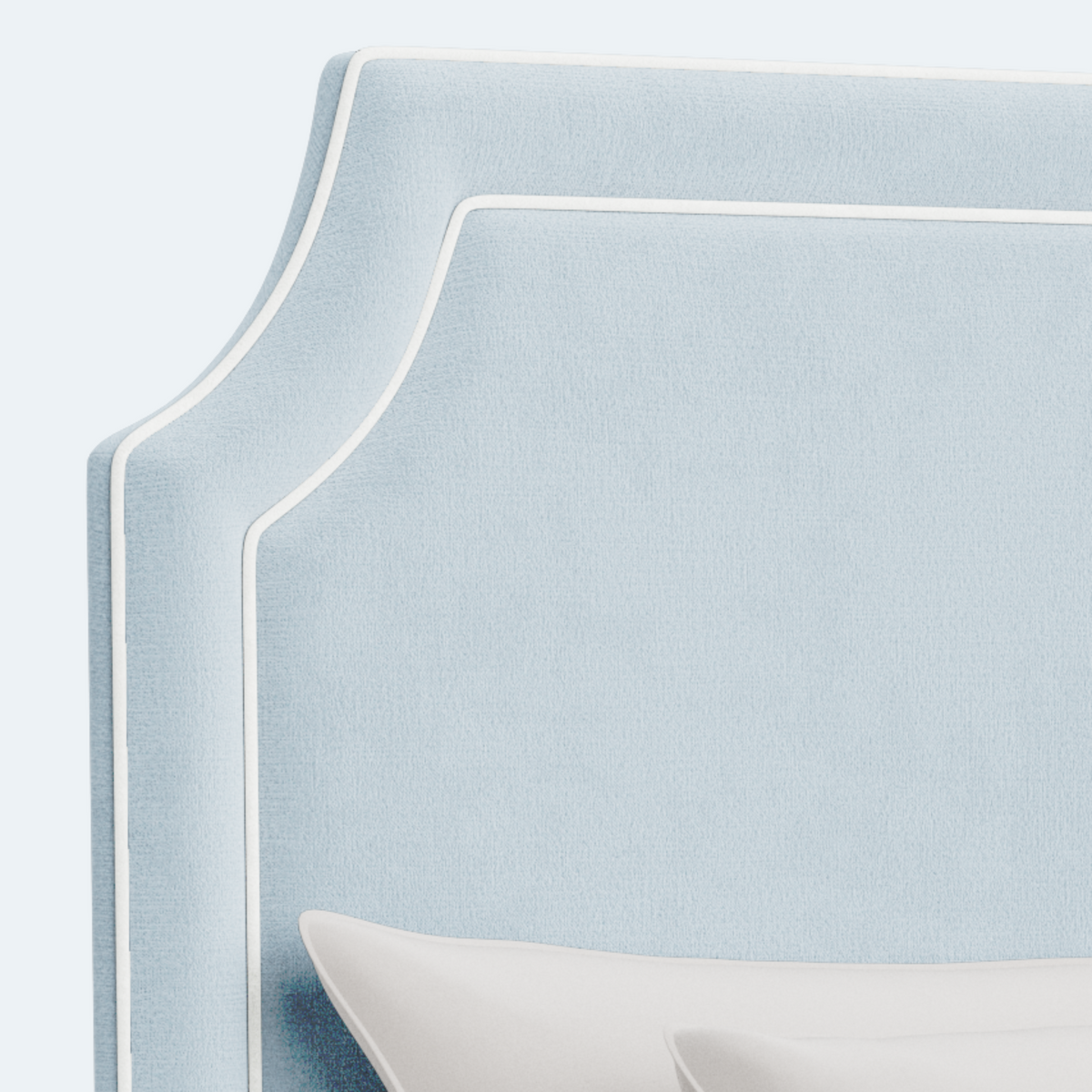 The Addison King Platform Bed - Scalloped Legs - Sky Blue Woven Fabric with White Trim