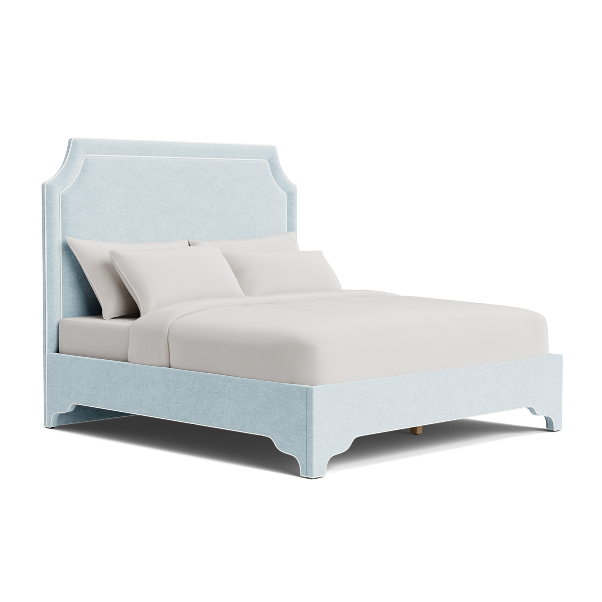 The Addison Queen Platform Bed - Scalloped Legs - Seafoam Blue Performance Chenille Fabric - White Trim