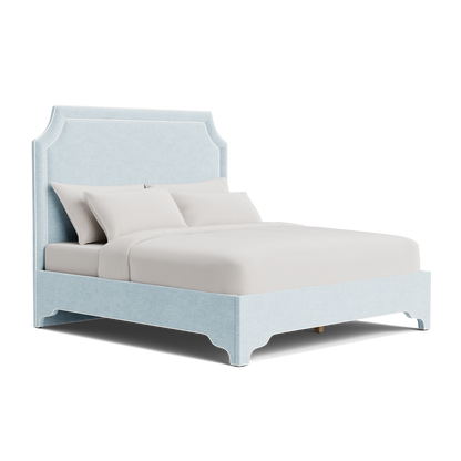 The Addison Queen Platform Bed - Scalloped Legs - Seafoam Blue Performance Chenille Fabric - White Trim