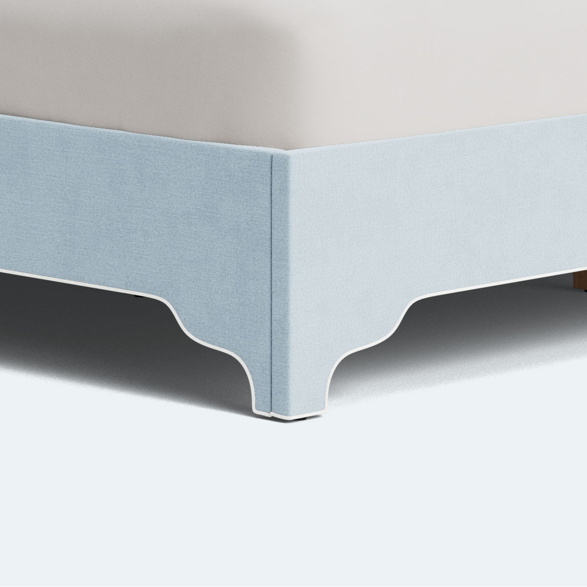 The Addison King Platform Bed - Scalloped Legs - Sky Blue Woven Fabric with White Trim