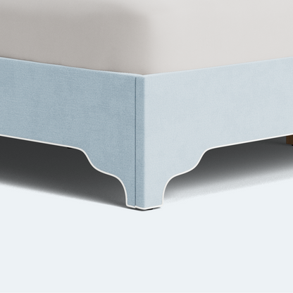 The Addison King Platform Bed - Scalloped Legs - Sky Blue Woven Fabric with White Trim