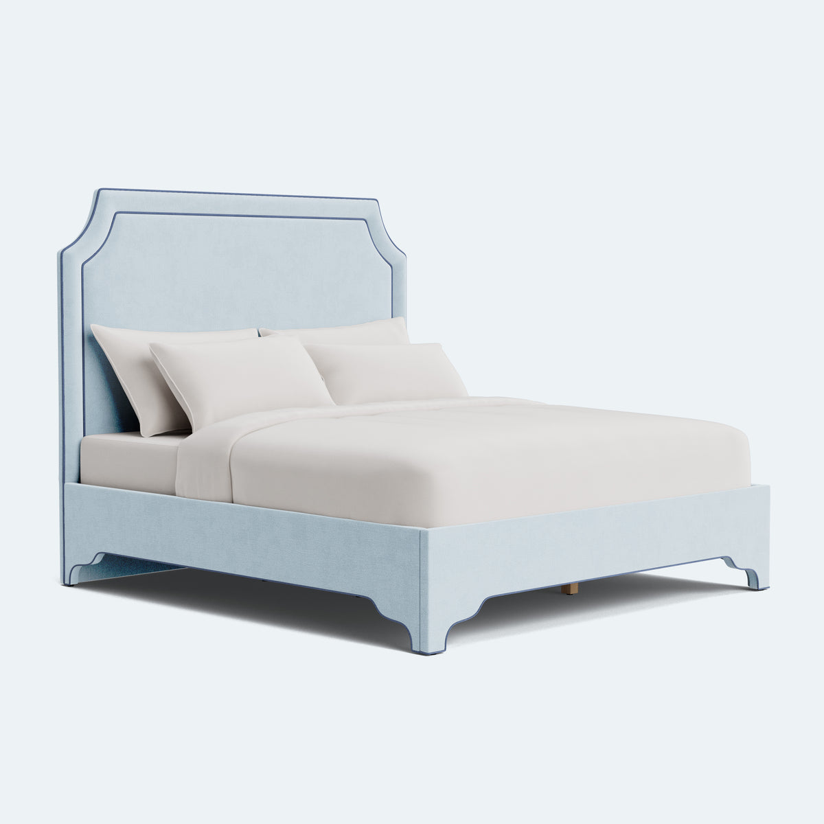 65”H Queen Platform Upholstered Bed - Sky Blue Woven Fabric - Navy Trim