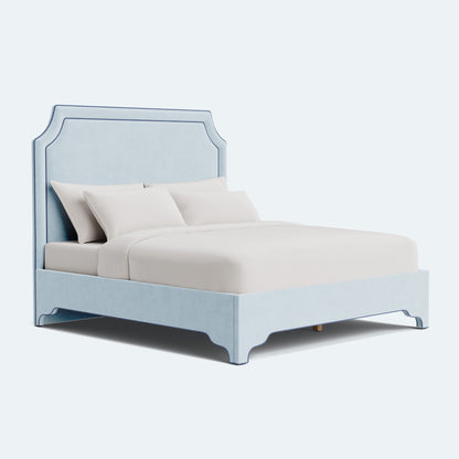 65”H Queen Platform Upholstered Bed - Sky Blue Woven Fabric - Navy Trim
