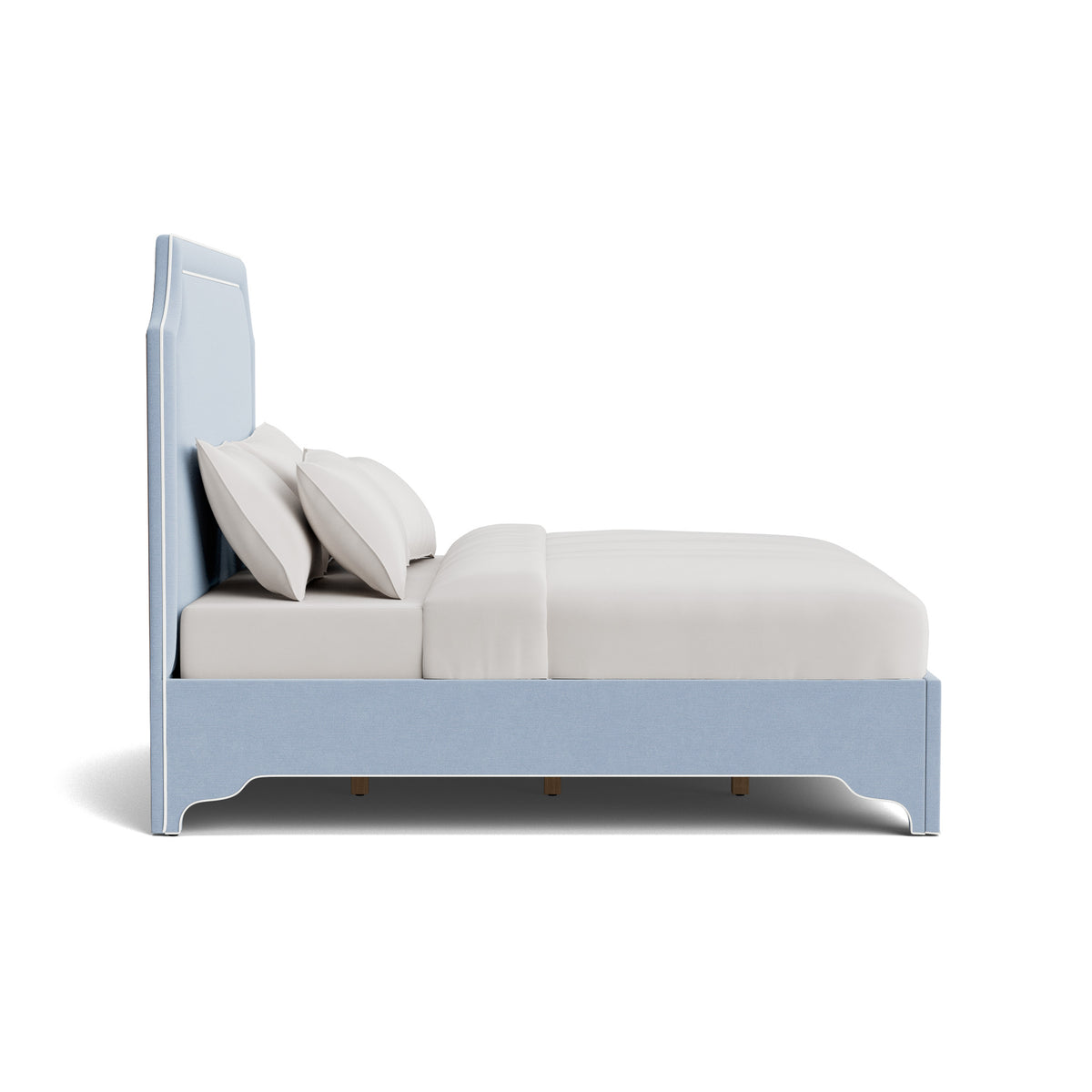 The Addison King Platform Bed - Scalloped Legs - Performance Ashley Blue Chenille Fabric - White Trim