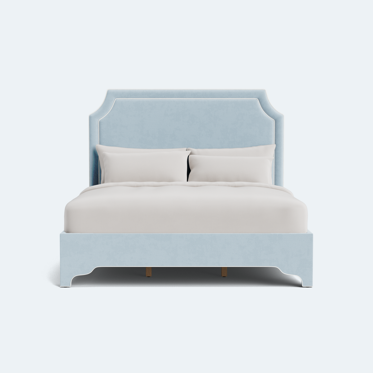 The Addison King Platform Bed - Scalloped Legs - Sky Blue Woven Fabric with White Trim
