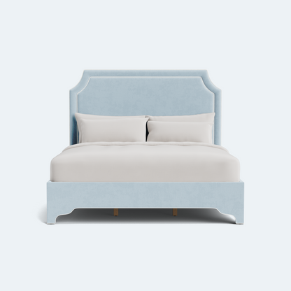 The Addison King Platform Bed - Scalloped Legs - Sky Blue Woven Fabric with White Trim