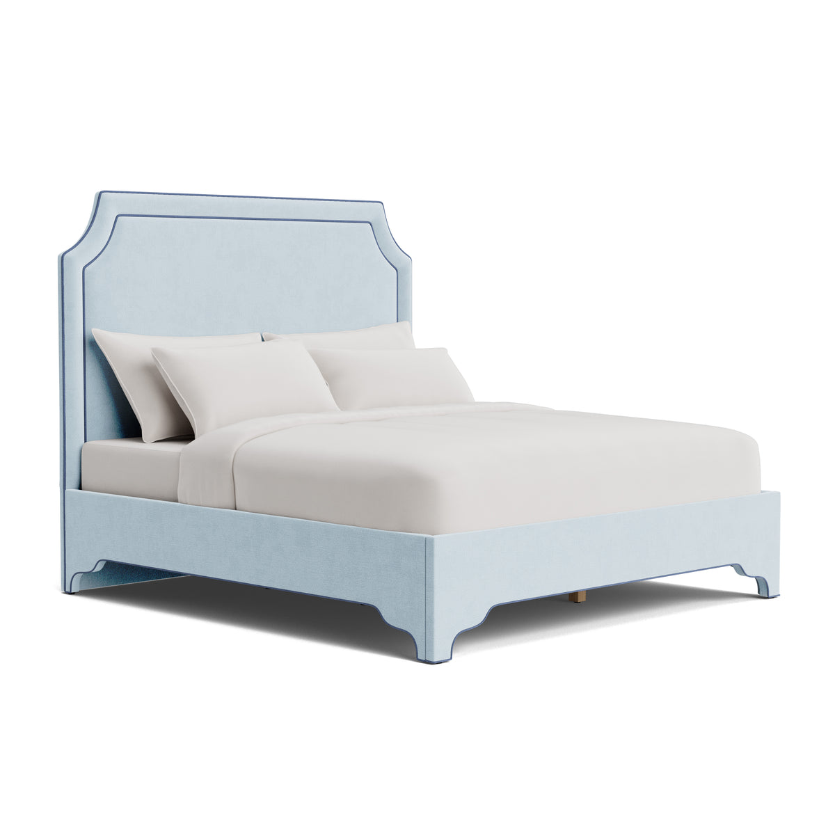 65”H Queen Platform Upholstered Bed - Sky Blue Woven Fabric - Navy Trim