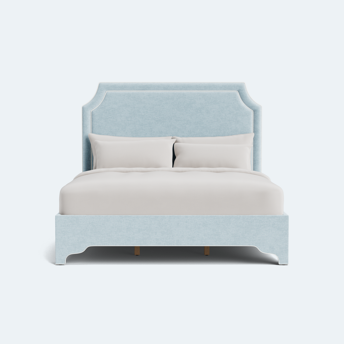 The Addison Queen Platform Bed - Scalloped Legs - Seafoam Blue Performance Chenille Fabric - White Trim